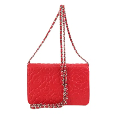 Pre-owned Chanel Red Color Leather Chain/shoulder Wallet ()