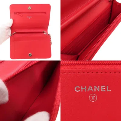 Pre-owned Chanel Red Color Leather Chain/shoulder Wallet ()