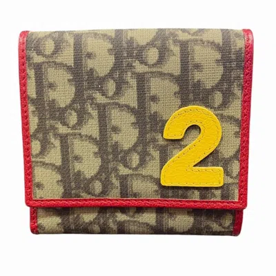 Pre-owned Dior Christian  Trotter Beige Brown Red Color Pvc Leather Wallet (bi-fold) () In Beige, Brown, Red Color