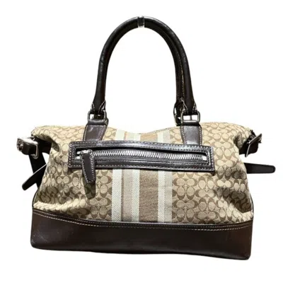 Pre-owned Coach Beige Brown Leather Canvas Handbag Shoulder Bag () In Beige, Brown