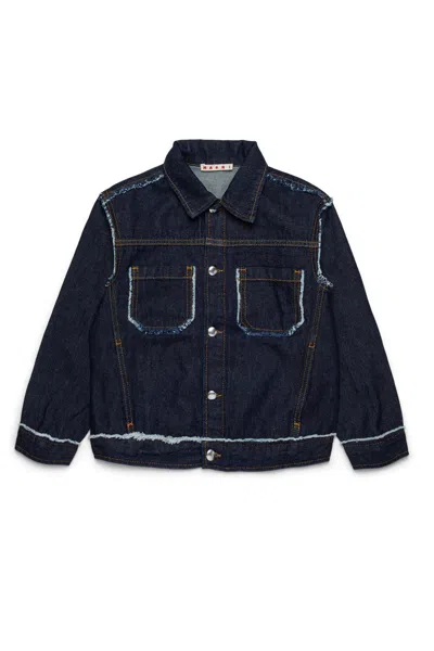 Marni Dark Denim Jacket With Frayed Details In Blue