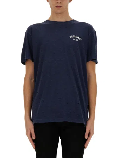 Dsquared2 Navy Blue Distressed Cotton Blend T-shirt In Black