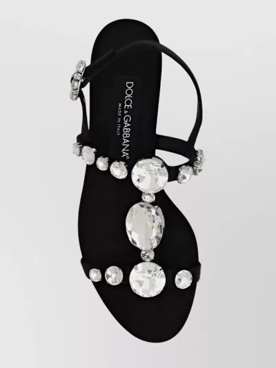 Dolce & Gabbana Women Black Sandals With Embroidered Stones Decorations In Satin Woman