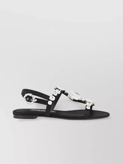 Dolce & Gabbana Women Black Sandals With Embroidered Stones Decorations In Satin Woman