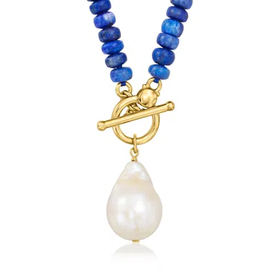 Ross-simons 12-13mm Cultured Baroque Pearl And 5-5.5mm Lapis Bead Toggle Necklace In 18kt Gold Over Sterling In Multi