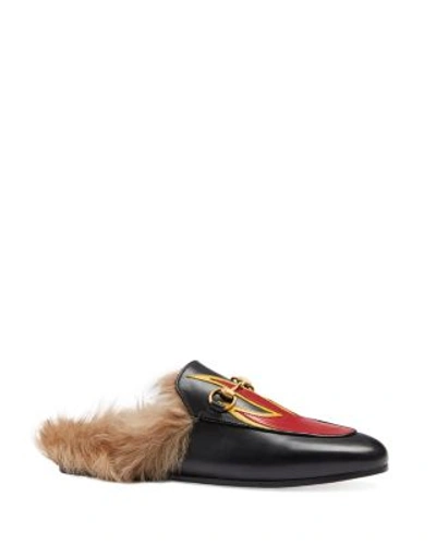 Shop Gucci Princetown Leather And Lamb Fur Flame Slippers In Black