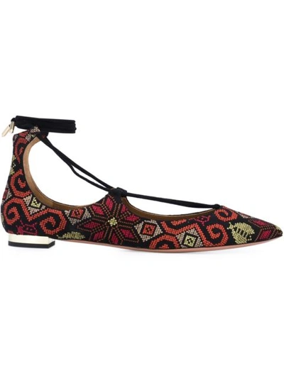 Aquazzura Woman Christy Embroidered Suede Point-toe Flats Black