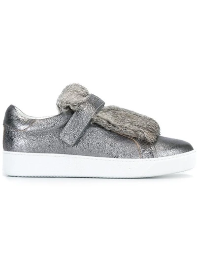 Moncler Lucie Rabbit Fur & Metallic Leather Sneakers In Grey