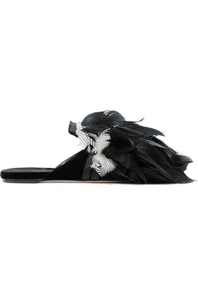 Sanayi313 Cigno Feather-embellished Velvet Slippers In Black