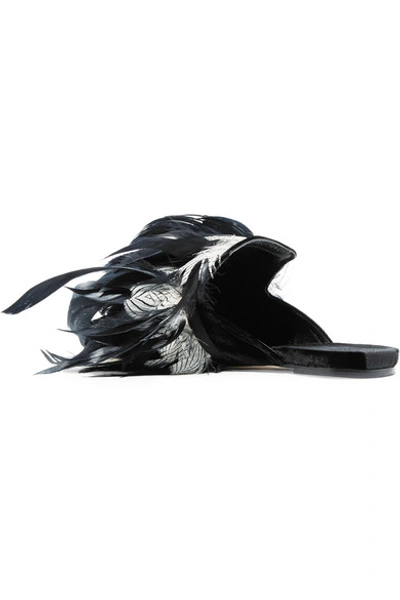 Shop Sanayi313 Cigno Feather-embellished Velvet Slippers