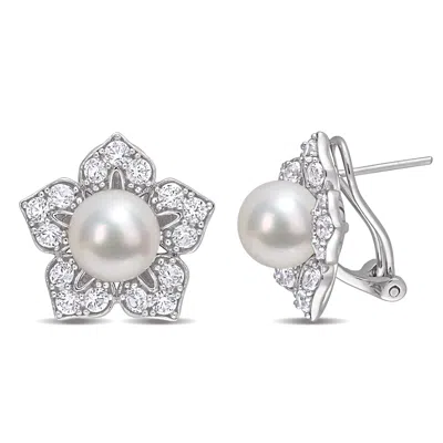 Mimi & Max 8.5-9 Mm Freshwater Cultured Pearl And 2 3/4 Ct Tgw Created White Sapphire Floral Earrings In Sterli In White