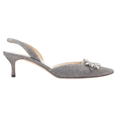 Manolo Blahnik Tonoslac Metallic Fabric Buckle Sling Heels In Silver