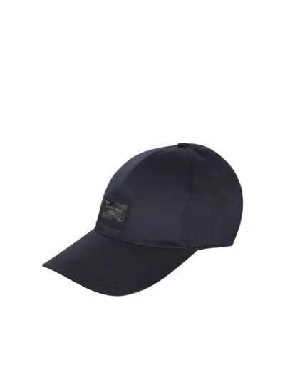 Dolce & Gabbana Distressed Black Baseball Cap With Logo Plaque In Blue