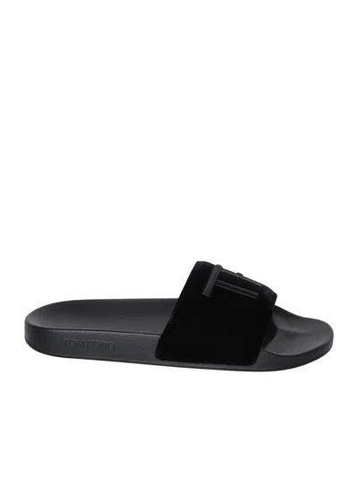 Tom Ford Velvet Effect Slippers Embroidered Logo Shoes In Black