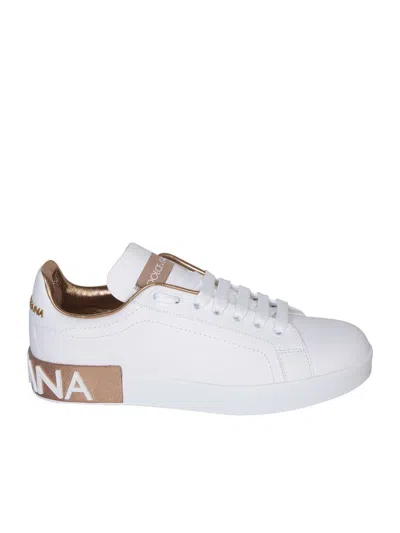 Dolce & Gabbana Portofino White And Gold Low Top Sneakers With Logo In Leather Woman In White
