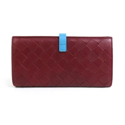 Pre-owned Bottega Veneta Blue Bordeaux Leather Long Wallet (bi-fold) () In Blue, Bordeaux
