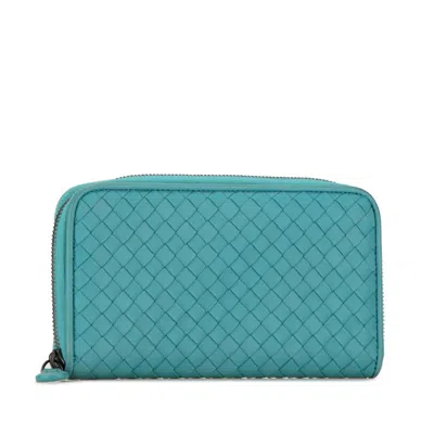 Pre-owned Bottega Veneta Green Light Blue Leather Long Wallet (bi-fold) () In Green, Light Blue