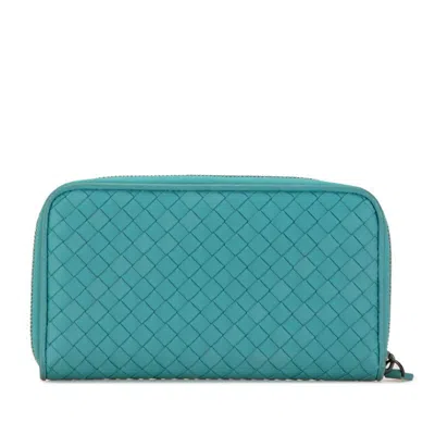 Pre-owned Bottega Veneta Green Light Blue Leather Long Wallet (bi-fold) () In Green, Light Blue