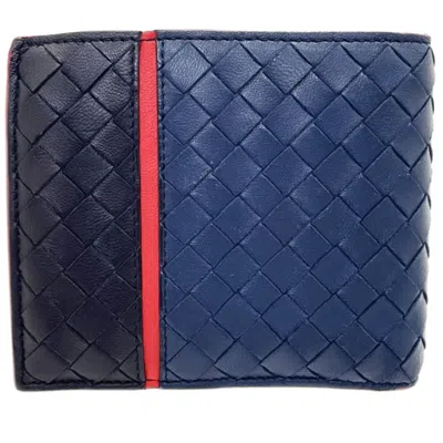 Pre-owned Bottega Veneta Intrecciato Black Navy Red Color Leather Wallet (bi-fold) () In Black, Navy, Red Color