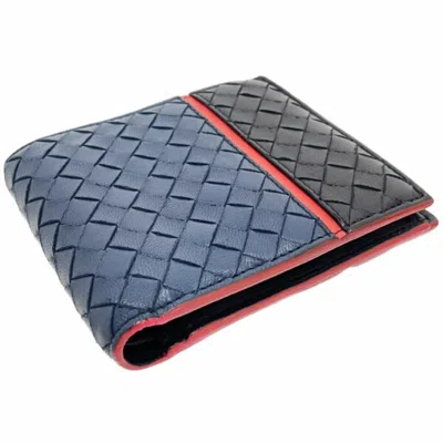 Pre-owned Bottega Veneta Intrecciato Black Navy Red Color Leather Wallet (bi-fold) () In Black, Navy, Red Color