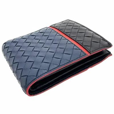 Pre-owned Bottega Veneta Intrecciato Black Navy Red Color Leather Wallet (bi-fold) () In Black, Navy, Red Color