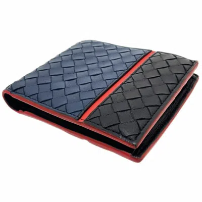 Pre-owned Bottega Veneta Intrecciato Black Navy Red Color Leather Wallet (bi-fold) () In Black, Navy, Red Color