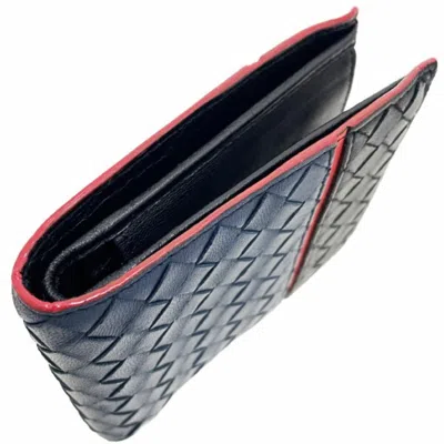 Pre-owned Bottega Veneta Intrecciato Black Navy Red Color Leather Wallet (bi-fold) () In Black, Navy, Red Color