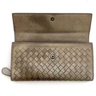Pre-owned Bottega Veneta Intrecciato Brown Metallic Leather Long Wallet (bi-fold) () In Brown, Metallic