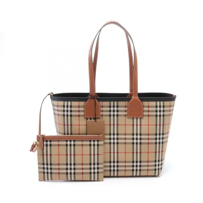 Burberry Beige Brown Multi-color Canvas Leather Tote Bag In Beige, Brown, Multi-color