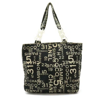 Pre-owned Chanel Black Ivory Canvas Plastic Pouch Shoulder Bag Tote Bag () In Black, Ivory