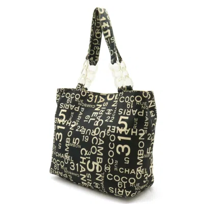 Pre-owned Chanel Black Ivory Canvas Plastic Pouch Shoulder Bag Tote Bag () In Black, Ivory