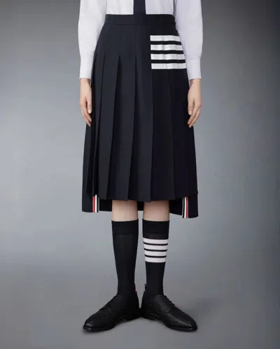 Thom Browne Women Below Knee Dropped Back Pleated Skirt In Engineered 4 Bar Plain Weave Suiting In Blue