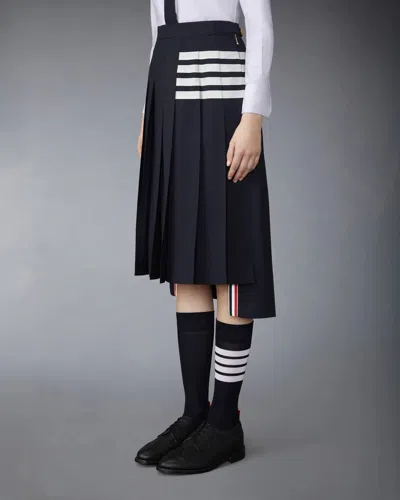 Thom Browne Women Below Knee Dropped Back Pleated Skirt In Engineered 4 Bar Plain Weave Suiting In Blue