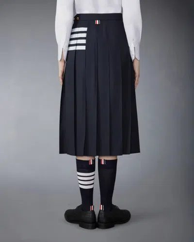 Thom Browne Women Below Knee Dropped Back Pleated Skirt In Engineered 4 Bar Plain Weave Suiting In Blue