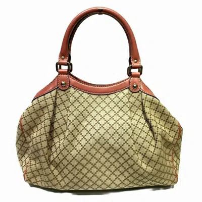 Pre-owned Gucci Beige Salmon Pink Canvas Leather Handbag Tote Bag () In Beige, Salmon Pink