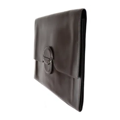 Pre-owned Hermes Dark Brown Box Calf Leather Clutch Bag Handbag ()