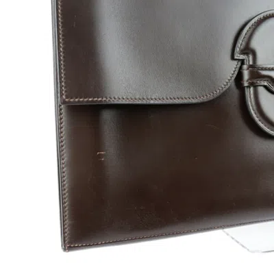 Pre-owned Hermes Dark Brown Box Calf Leather Clutch Bag Handbag ()