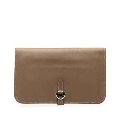 Pre-owned Hermes Etoupe Gray Silver Swift Leather Coin Purse/coin Case () In Etoupe Gray, Silver