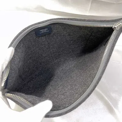 Pre-owned Hermes Gray Green Navy Felt Leather Epsom Leather Clutch Bag Handbag () In Gray, Green, Navy