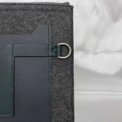 Pre-owned Hermes Gray Green Navy Felt Leather Epsom Leather Clutch Bag Handbag () In Gray, Green, Navy