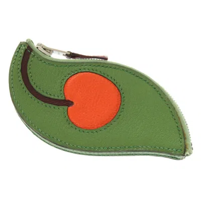 Pre-owned Hermes Green Orange Courchevel Leather Coin Purse/coin Case () In Green, Orange