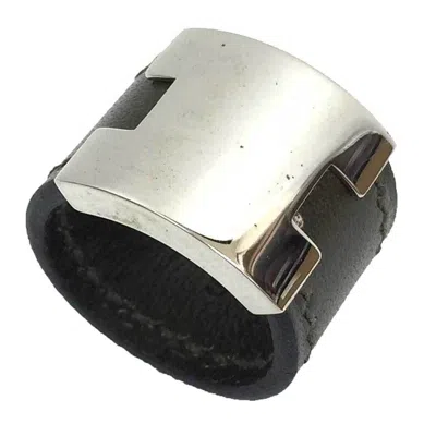 Pre-owned Hermes Khaki Silver Brass Leather Band Ring () In Khaki, Silver