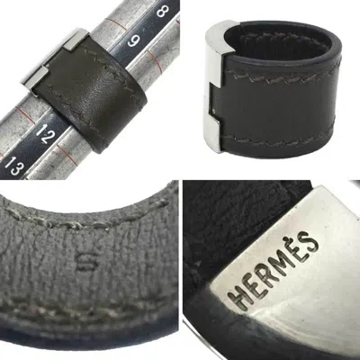 Pre-owned Hermes Khaki Silver Brass Leather Band Ring () In Khaki, Silver