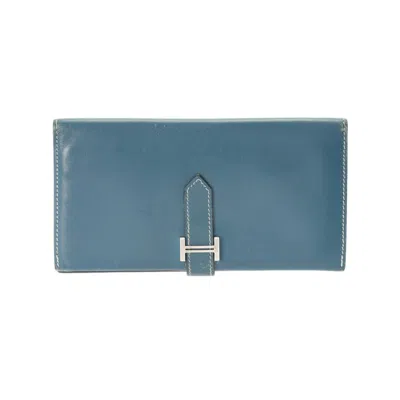 Pre-owned Hermes Navy Leather Long Wallet (bi-fold) ()