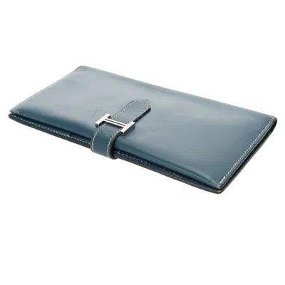 Pre-owned Hermes Navy Leather Long Wallet (bi-fold) ()