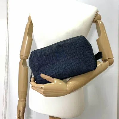 Pre-owned Hermes Navy Toile Chevron Clutch Bag Pouch ()