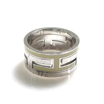 Pre-owned Hermes Off-white Silver Enamel Silver 925 Band Ring () In Off-white, Silver