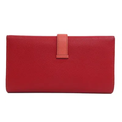 Pre-owned Hermes Pink Red Color Epsom Leather Long Wallet (bi-fold) () In Pink, Red Color