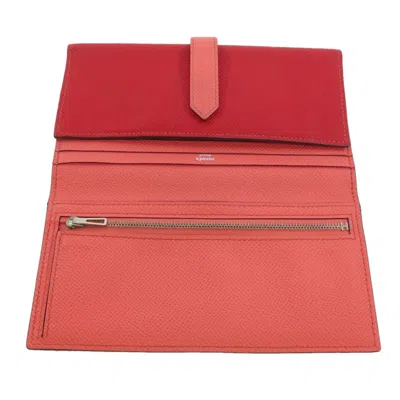 Pre-owned Hermes Pink Red Color Epsom Leather Long Wallet (bi-fold) () In Pink, Red Color