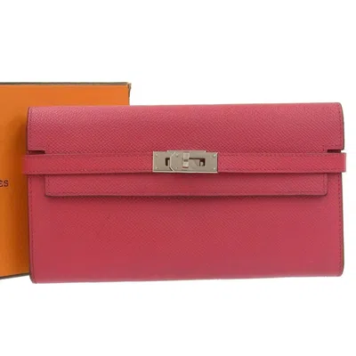 Pre-owned Hermes Pink Rose Red Epsom Leather Coin Purse/coin Case () In Pink, Rose Red